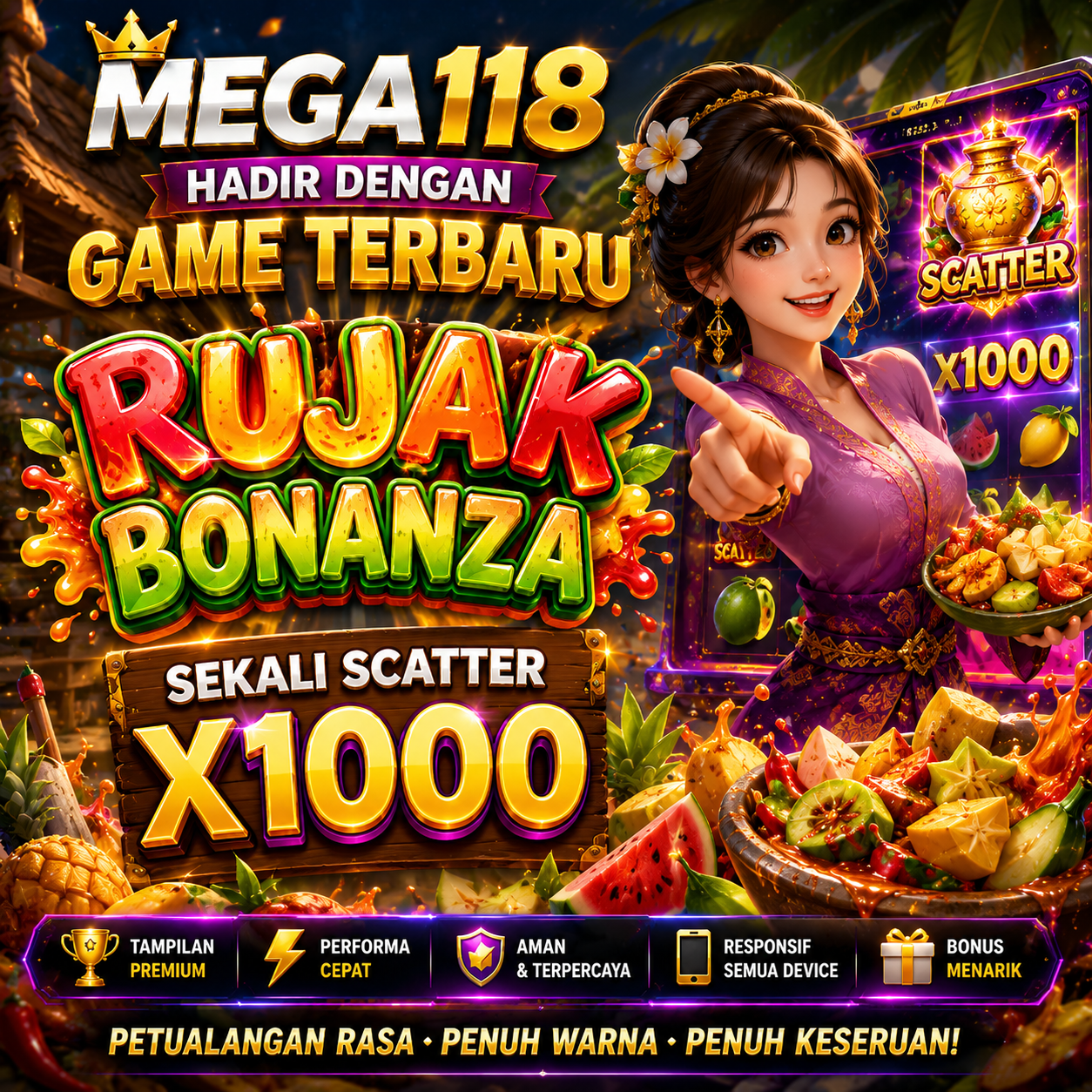 Thumbnail 1 of 3, Poster, MEGA118 Hadir Dengan Game Terbaru Rujak Bonanza Sekali Scatter X1000 designed and sold by MEGA118.