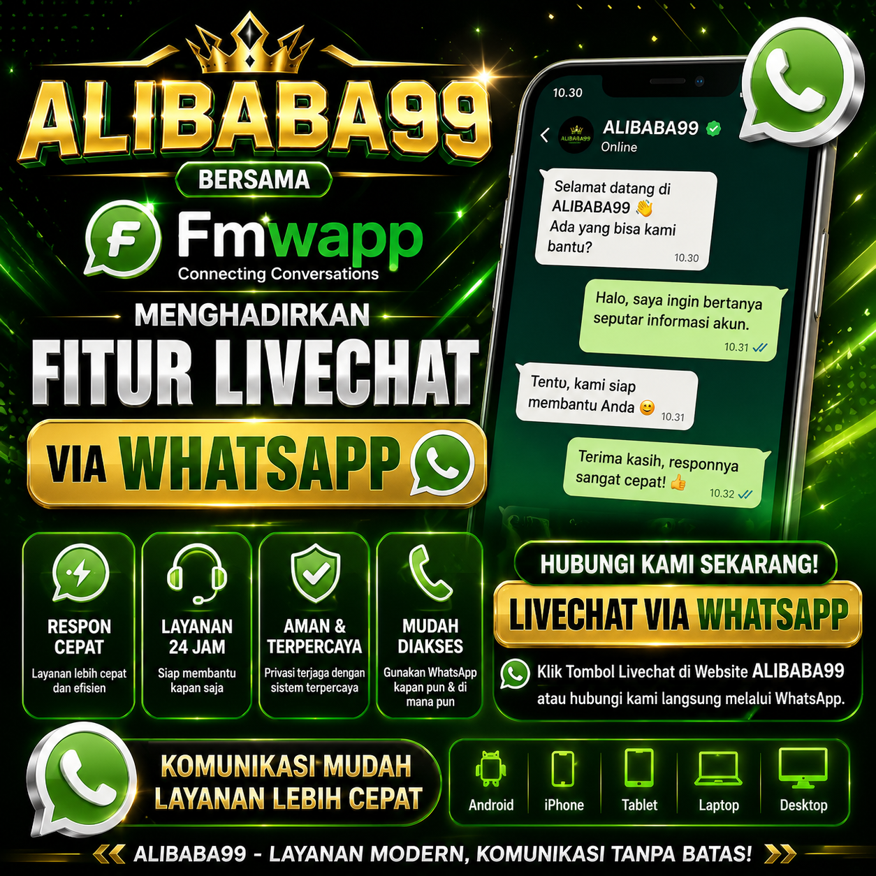 ALIBABA99 Bersama Fmwapp Menghadirkan Fitur Livechat Via Whatsapp