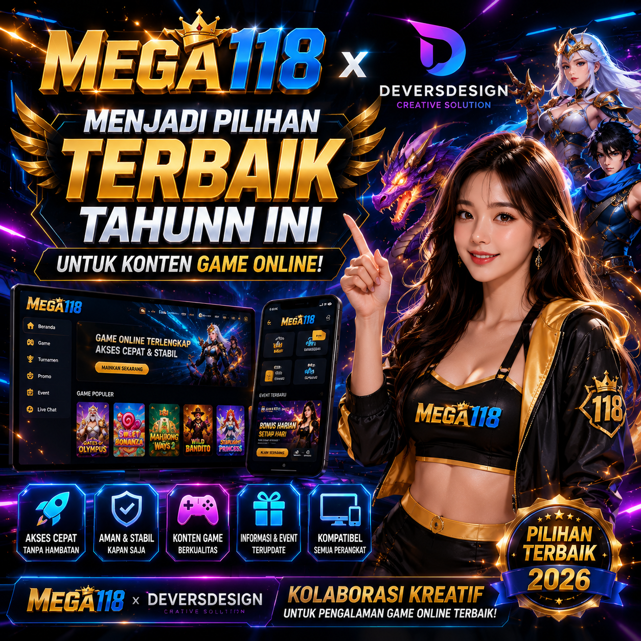 Thumbnail 1 of 3, Poster, MEGA118 x Deversdesign Menjadi Pilihan Terbaik Tahunn Ini Untuk Konten Game Online! designed and sold by MEGA118.