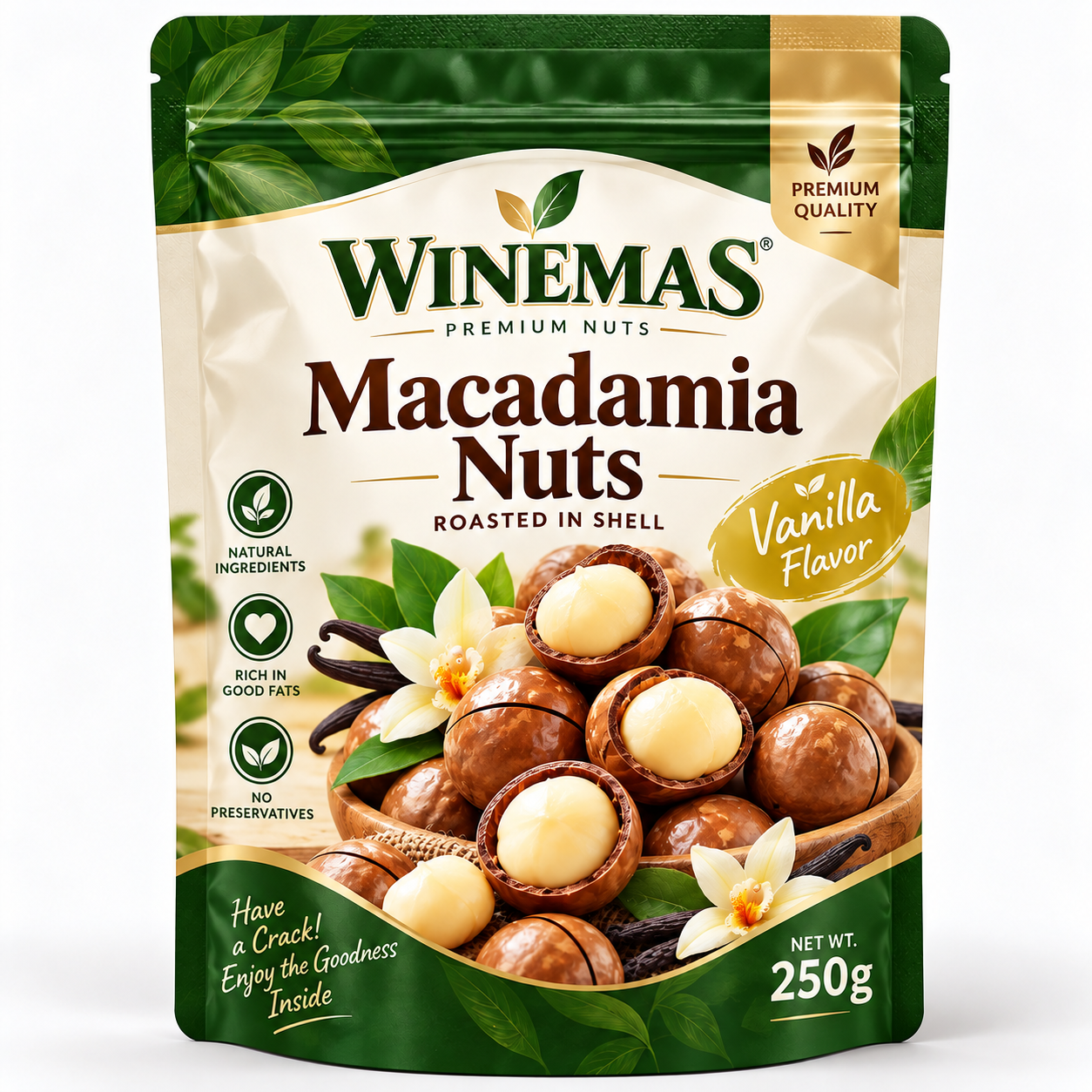 Ilustrasi konsep kemasan WINEMAS Macadamia Vanilla Flavour
