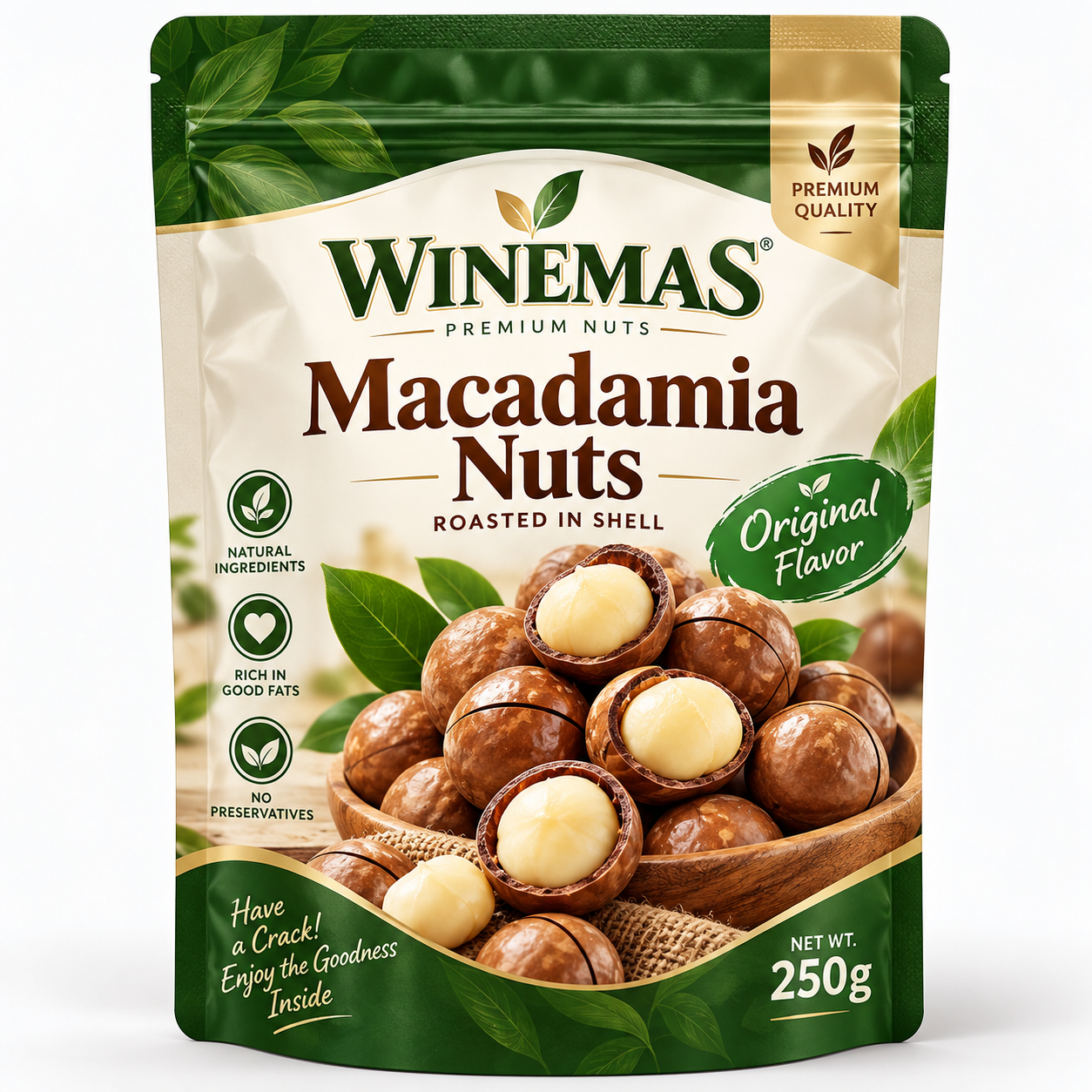 Ilustrasi kemasan WINEMAS Macadamia Original 250 gram