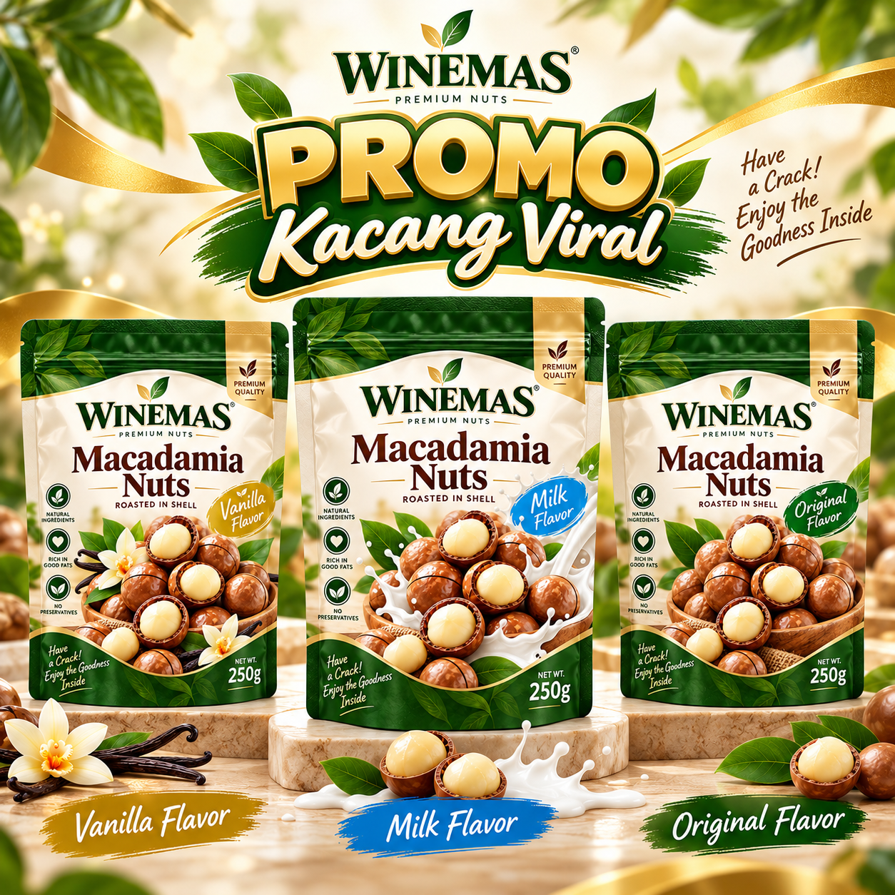 Ilustrasi kemasan WINEMAS Macadamia Nuts Original 250 gram